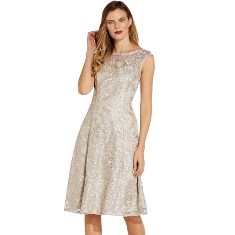 Adrianna Papell Elegant Beige midi Lace cocktail Dress Formal NEW size 4
